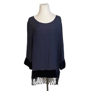 Krazy Kat L Navy Poly-Rayon Gauze Velvet Beaded Formal Tunic Top 3/4 Bell Sleeve
